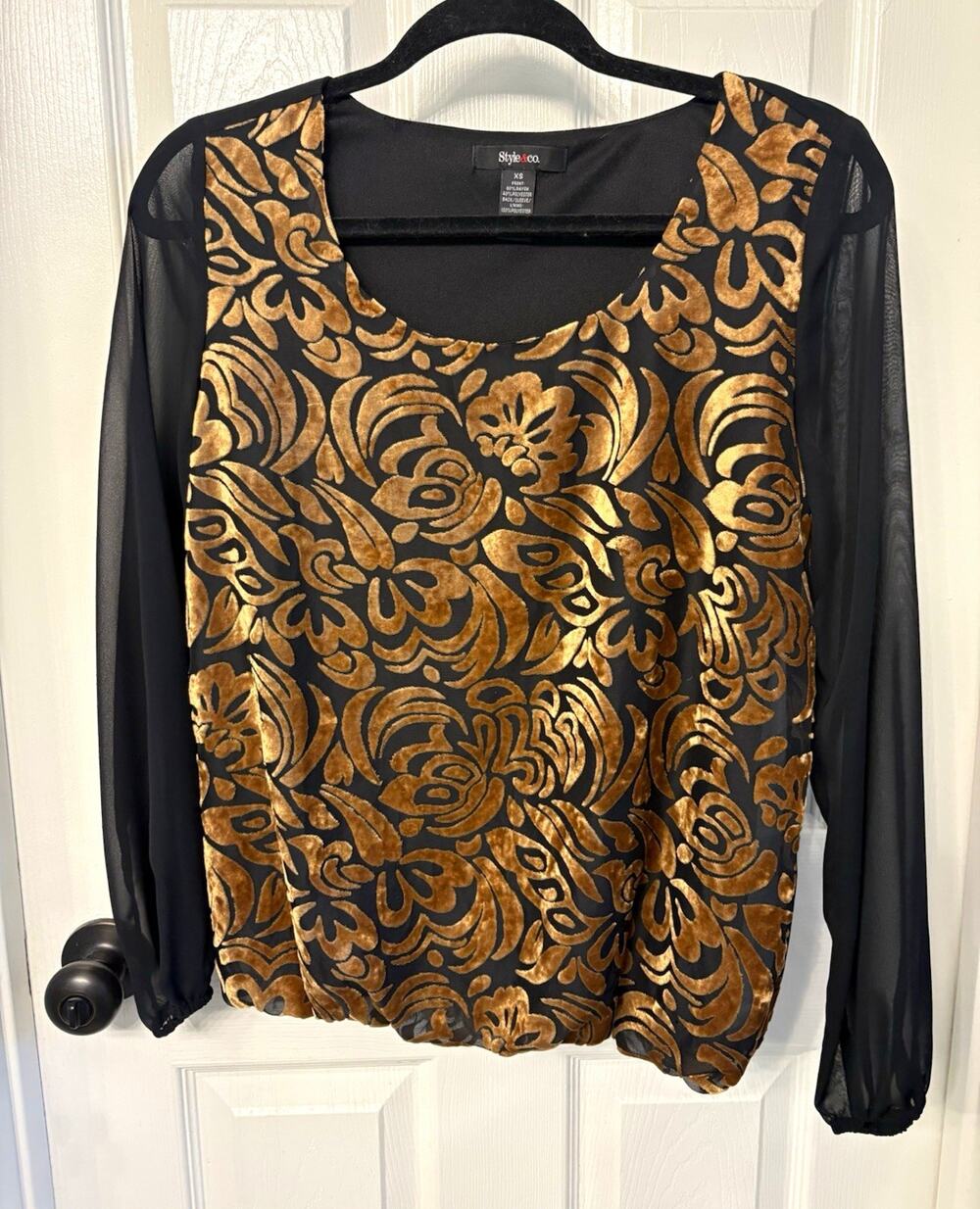 Style & Co. Women's XS Black/Gold Floral Chiffon Velvet Sheer Sleeve Blouse